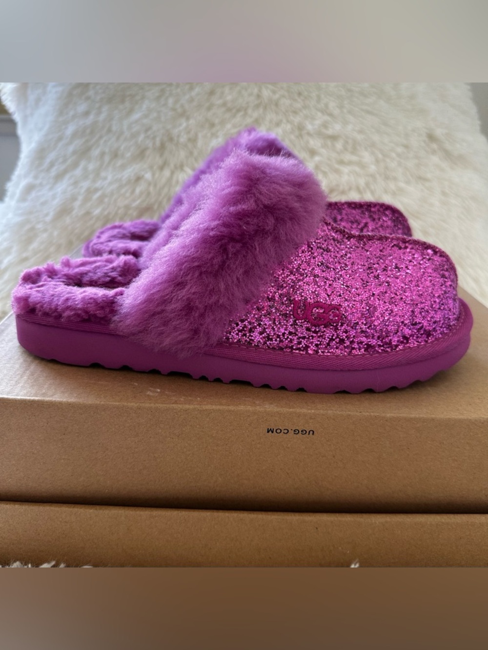 UGG Purple Glitter Cozy II Shearling Fur Slip On Mule Slippers Girls Size 4